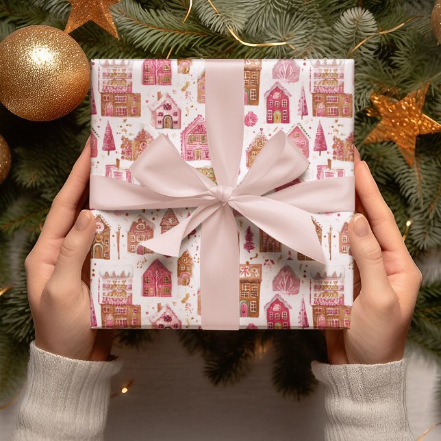 Pink Gingerbread House Christmas Wrapping Paper Geschenkpapier (Von Creator hochgeladen)