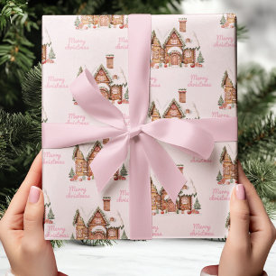 Pink Gingerbread House Frohe Weihnachten Geschenkpapier