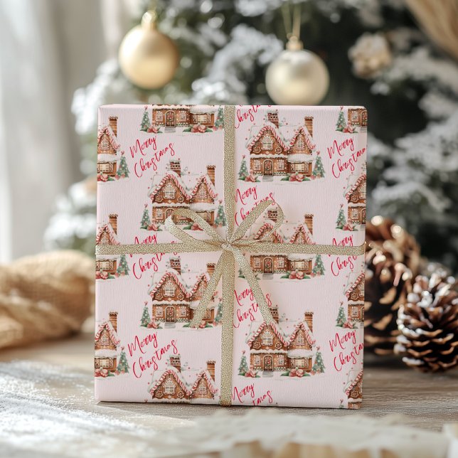 Pink Gingerbread House Frohe Weihnachten Geschenkpapier (Von Creator hochgeladen)