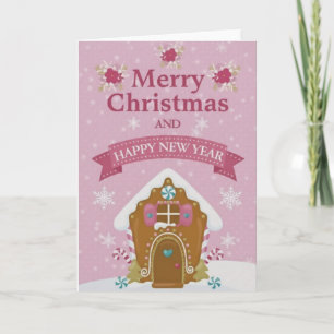 Pink Gingerbread House Merry Christmas Card Karte