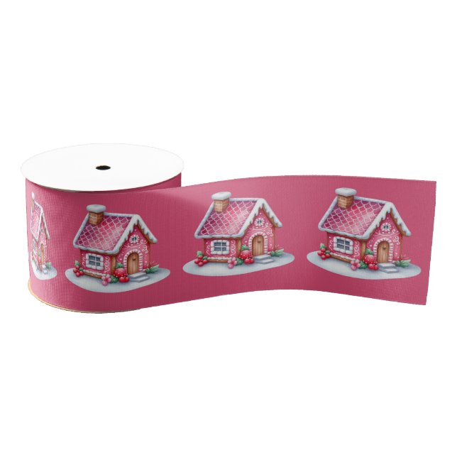 Pink Gingerbread House On Pink  Ripsband (Spule)