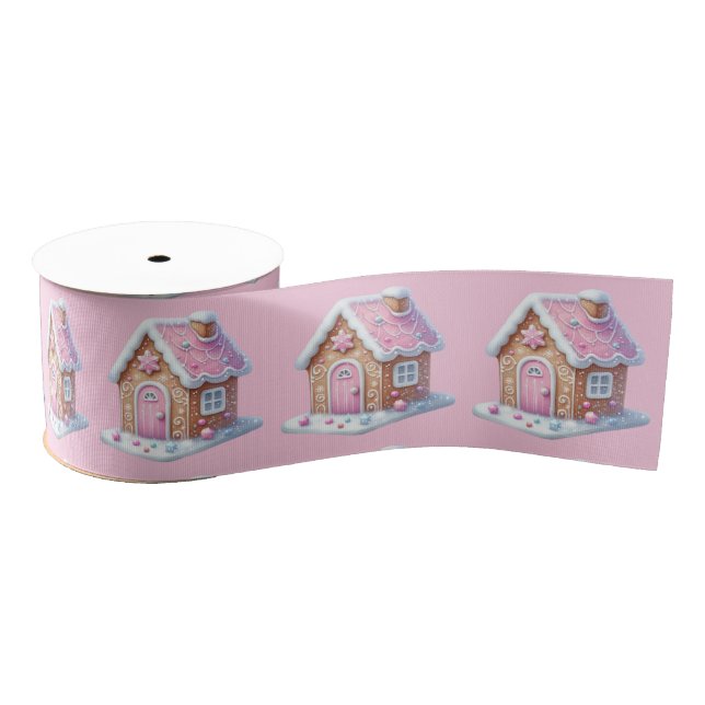 Pink Gingerbread House On Pink  Ripsband (Spule)