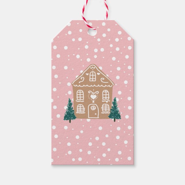 Pink Gingerbread House Village Illustration Geschenkanhänger (Vorderseite)