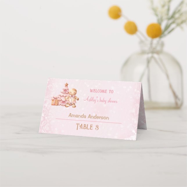 Pink Gingerbread Mädchen Weihnachtsdusche Zelt Platzkarte (Vorderseite)