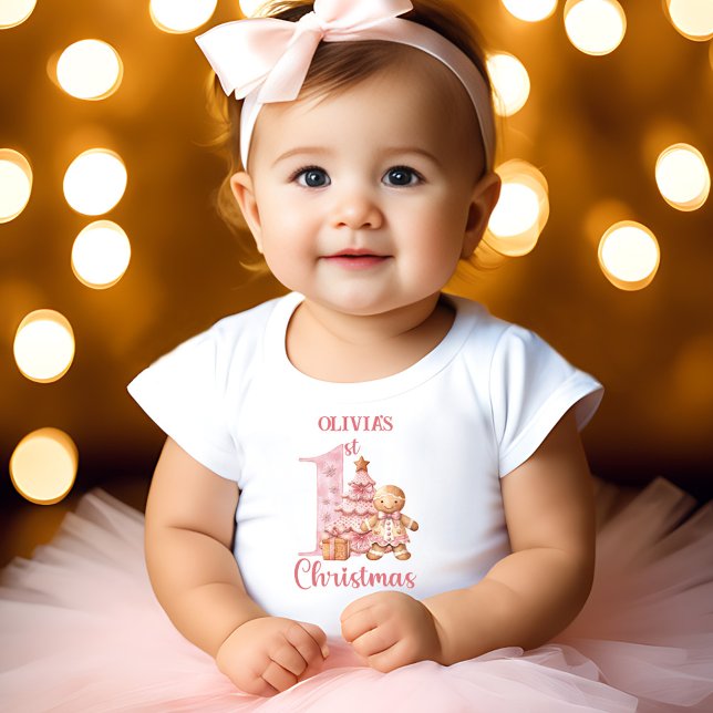Pink Gingerbread Man Girl Name Baby T-shirt (Pink Gingerbread Man Girl Name First Christmas Baby T-Shirt)