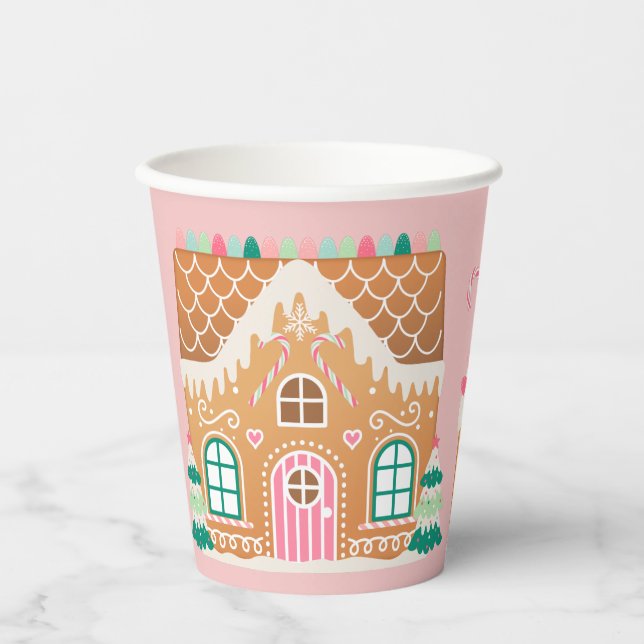 Pink Gingerbrot House Paper Cups Pappbecher (Vorderseite)