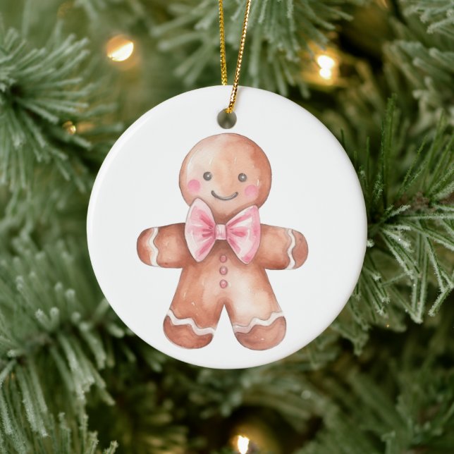 Pink Gingerbrot Mann Weihnachten Keramik Ornament (Baum)