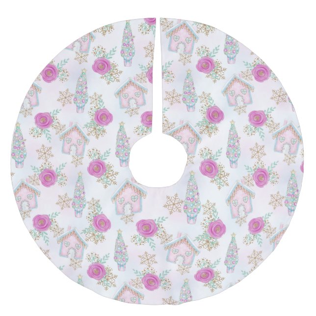 Pink Gingerbrot Weihnachten Polyester Weihnachtsbaumdecke (Vorderseite)