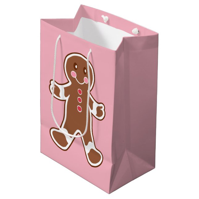 Pink Gingerbrot Weihnachtsgeschenk Tasche Mittlere Geschenktüte (Vorderseite Schrägansicht)