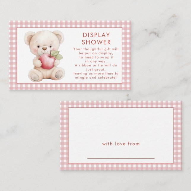 Pink Gingham Apple Eye Bear Display Baby Shower Begleitkarte (Vorne/Hinten)