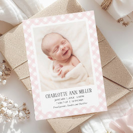 Pink Gingham Baby Birth Ankündigung Foto-Karte