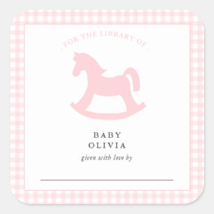 Pink Gingham Baby Girl für Buchzeichen in der Bibl Quadratischer Aufkleber