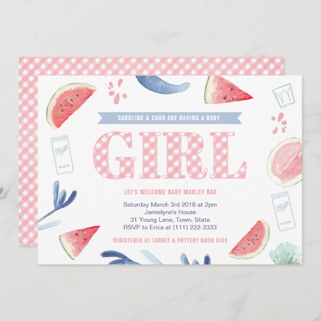 Pink Gingham Baby-q Paares Baby Shower for Girl Einladung (Vorne/Hinten)