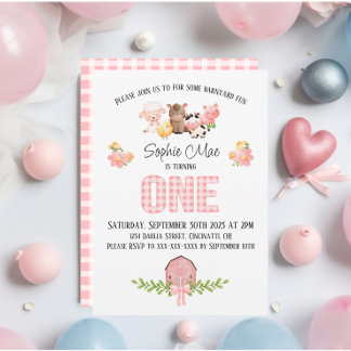 Pink Gingham Barnyard Einladung zum Geburtstag