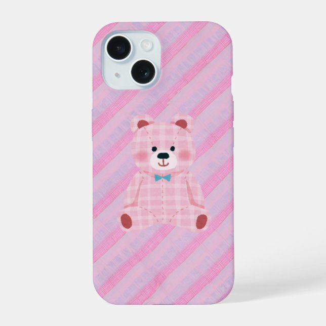 Pink Gingham Bear and Diagonal Stripes Phone Case iPhone 15 Hülle (Rückseite)