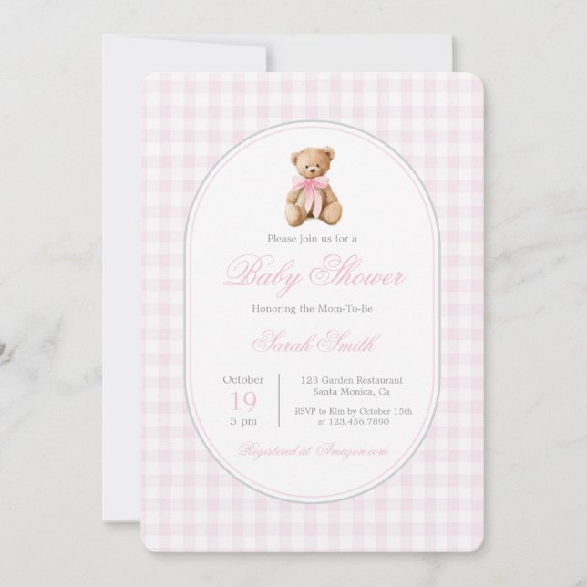 Pink Gingham Bear Baby Shower Girl Einladung (Vorderseite)