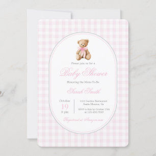Pink Gingham Bear Baby Shower Girl Einladung