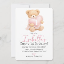 Pink Gingham Bear-y First Birthday Girl Invitation