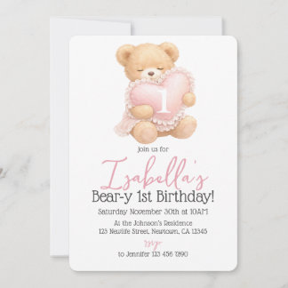 Pink Gingham Bear-y First Birthday Girl Invitation Einladung