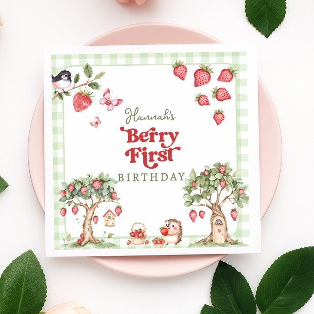 Pink Gingham Berry Erste Erdbeere 1. Geburtstag Serviette (Von Creator hochgeladen)
