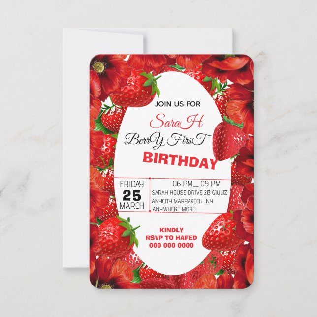 Pink Gingham Berry Erster Geburtstag Einladung Tem (Vorderseite)