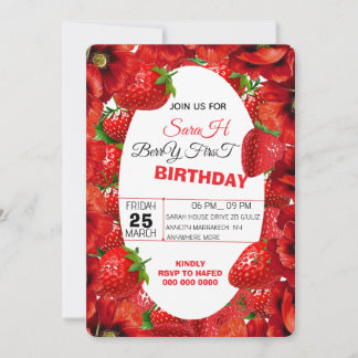 Pink Gingham Berry Erster Geburtstag Einladung Tem