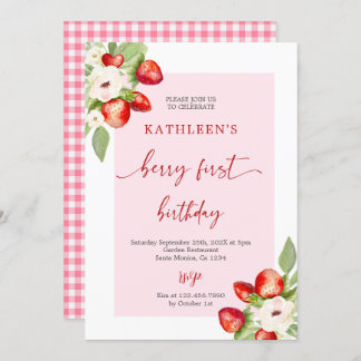 Pink Gingham Berry First Birthday Girl Einladung
