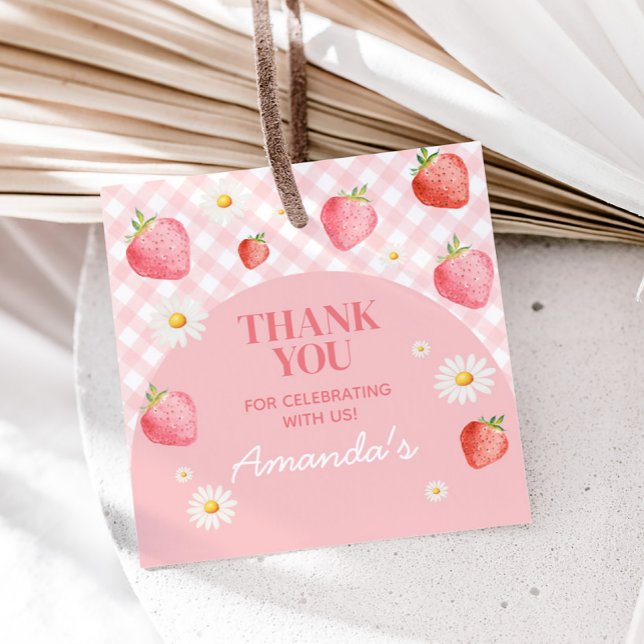 Pink Gingham Berry First Birthday Party Square Geschenkanhänger (Pink Gingham Strawberry Berry Birthday Party Square Favor Tags)
