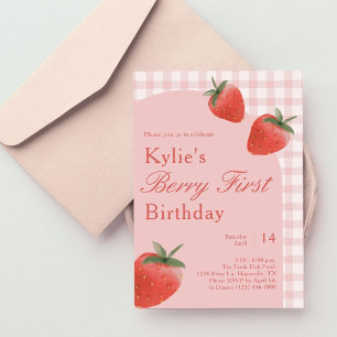 Pink Gingham Berry First Birthday Strawberry Einladung