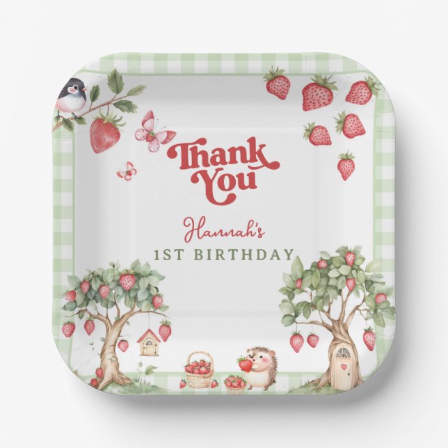 Pink Gingham Berry First Strawberry 1st Birthday Pappteller (Vorderseite)