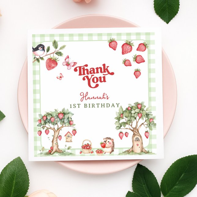 Pink Gingham Berry First Strawberry 1st Birthday Serviette (Von Creator hochgeladen)