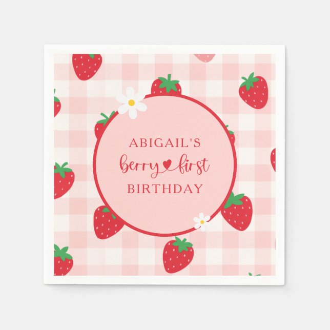 Pink Gingham Berry Sweet Birthday Napkin Serviette (Vorderseite)