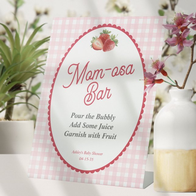 Pink Gingham Berry Sweet, Strawberry Mom-osa Bar Sockelschild (Berry Sweet-Strawberry with Pink Gingham Background Baby Girl Shower Mom-osa Bar Sign.)