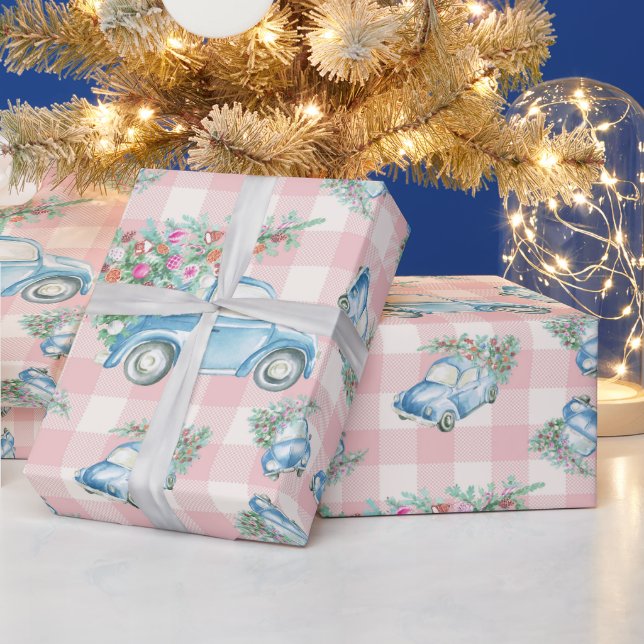 Pink Gingham Blue Christmas Vintage Auto Geschenkpapier (Feiertage)