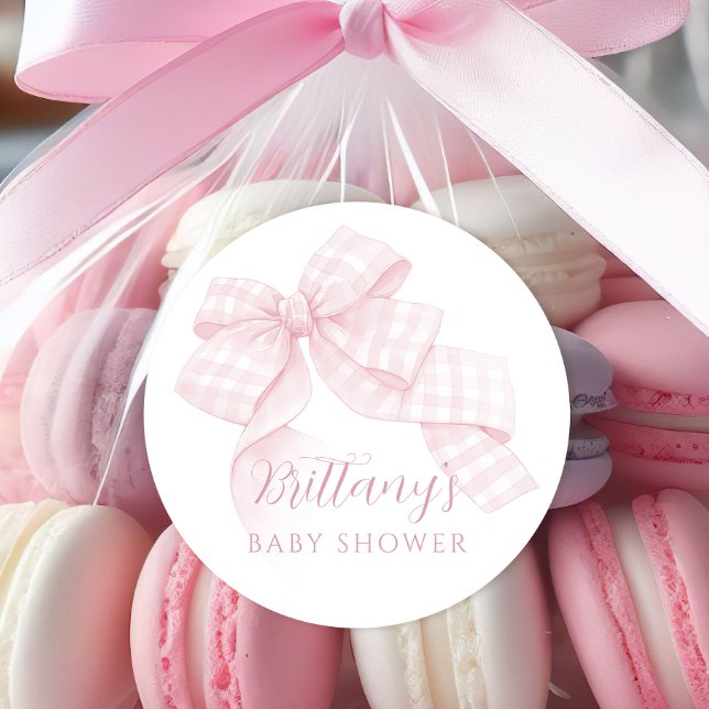 Pink Gingham Bow Baby Dusche Runder Aufkleber (Von Creator hochgeladen)