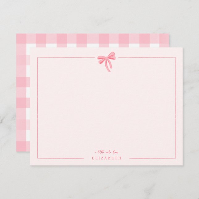Pink Gingham Bow Baby Kinder Personalisiert Statio Mitteilungskarte (Vorne/Hinten)