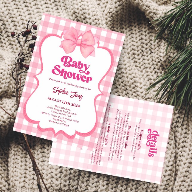 Pink Gingham Bow Baby Shower Niedlich Girl Baby Sh Einladung (Von Creator hochgeladen)