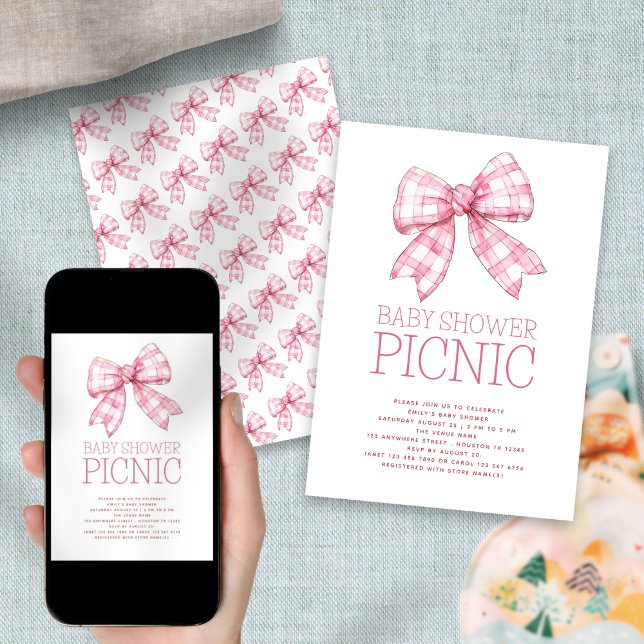 Pink Gingham Bow Baby Shower Picnic Einladung (Available digitally and printed)