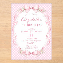 Pink Gingham Bow First Birthday Acryleinladungen