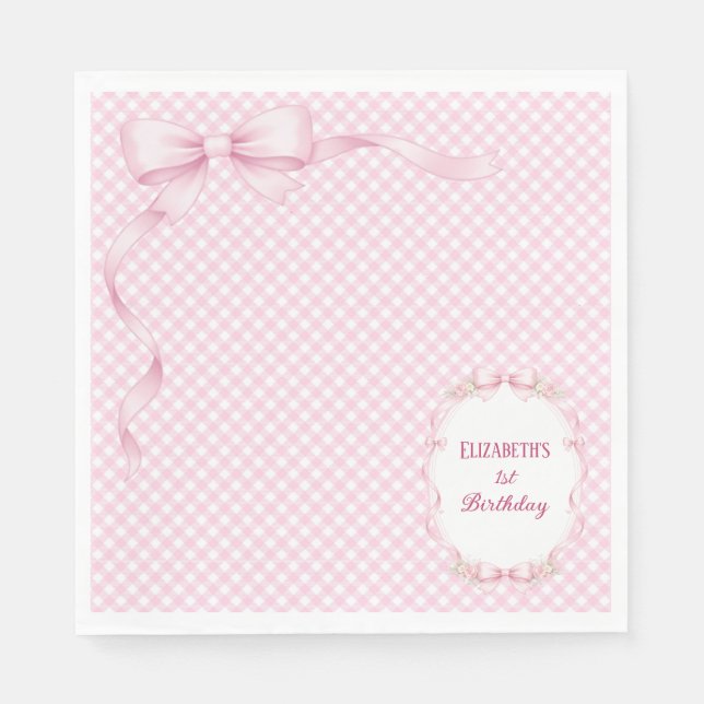 Pink Gingham Bow First Birthday Napkins Serviette (Vorderseite)
