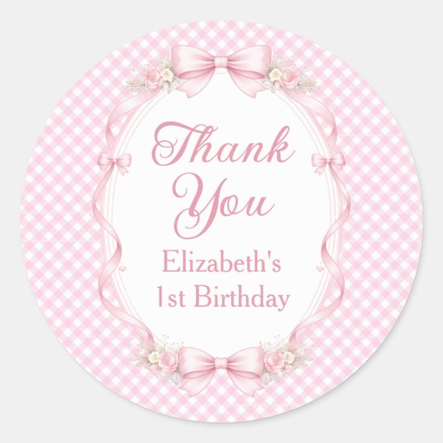 Pink Gingham Bow First Birthday Thank You Sticker (Vorderseite)