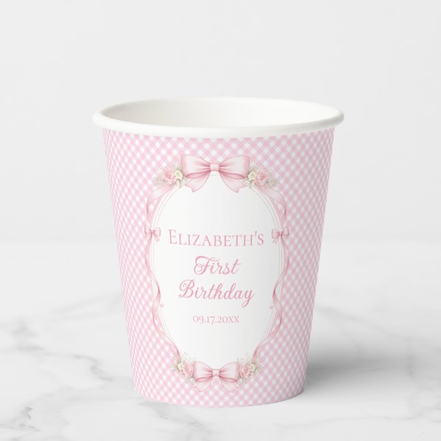 Pink Gingham Bow Girl 1st Birthday Party Paper Cup Pappbecher (Vorderseite)
