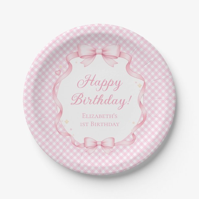 Pink Gingham Bow Girl 1st Birthday Party Paper Pappteller (Vorderseite)