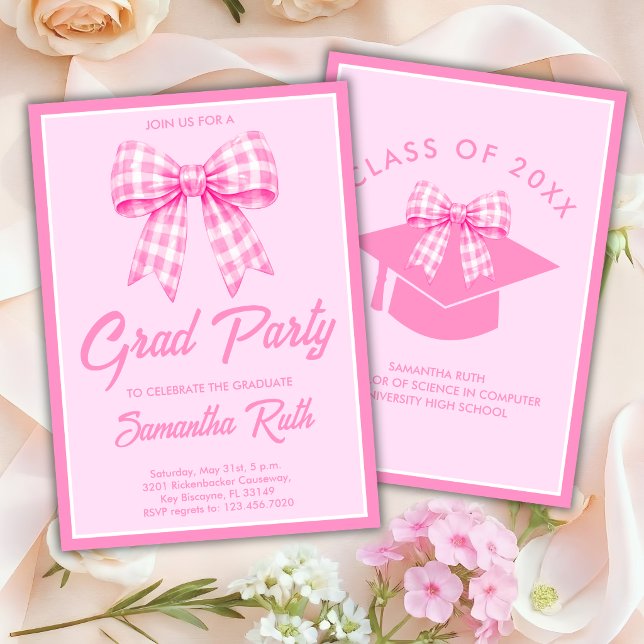 Pink Gingham Bow Graduation Party Einladung (Von Creator hochgeladen)