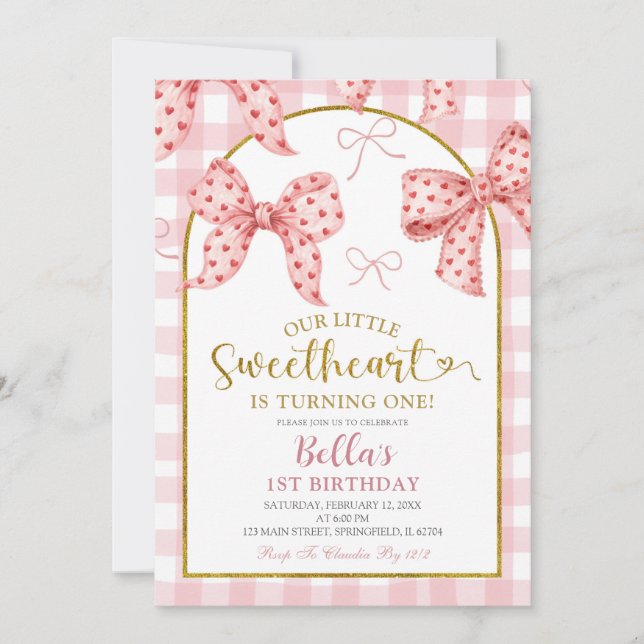 Pink Gingham Bow Sweetheart Birthday  Einladung (Vorderseite)