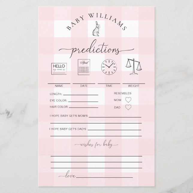 Pink Gingham Bunny Baby Predictions Game (Vorderseite)