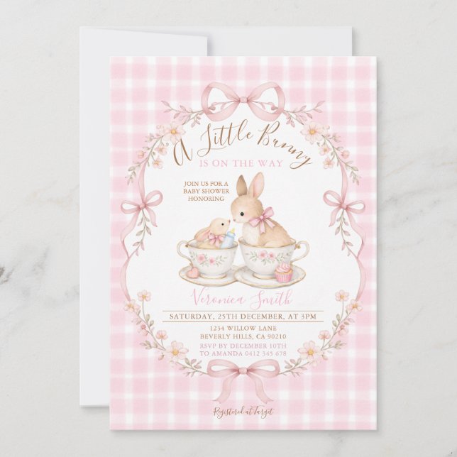 Pink Gingham Bunny Baby Shower Blush Dusty Pink Einladung (Vorderseite)