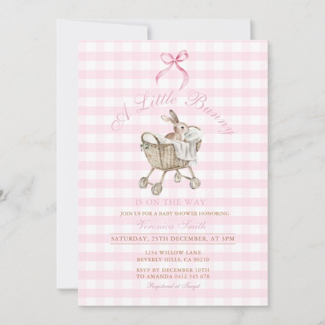 Pink Gingham Bunny Baby Shower Grandmillennial  Einladung (Vorderseite)
