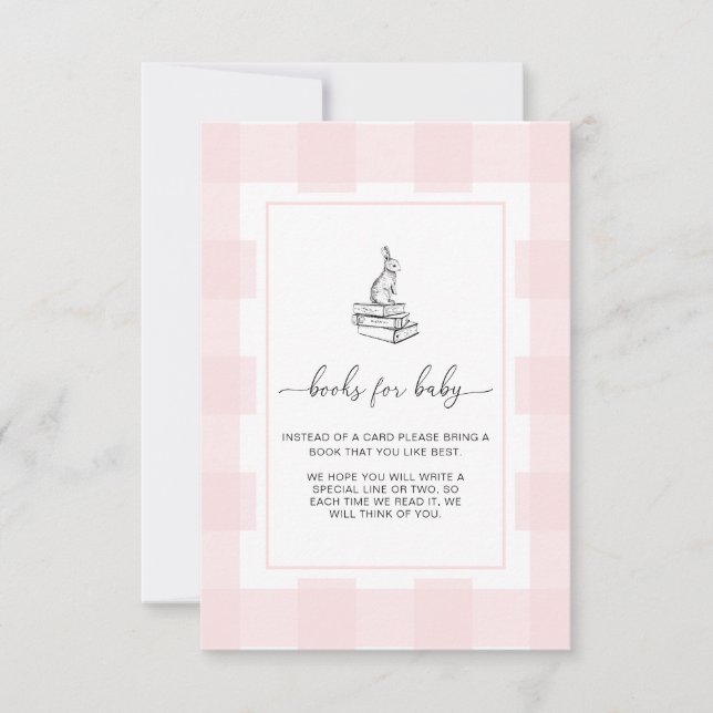 Pink Gingham Bunny Books Request Insert Card Einladung (Vorderseite)
