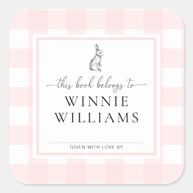 Pink Gingham Bunny Buchzeichen Sticker (Vorderseite)